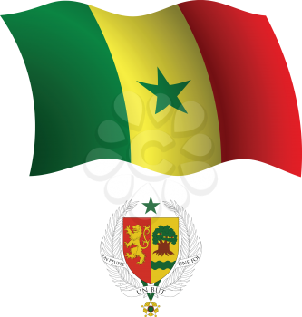 senegal wavy flag and coat of arm against white background, vector art illustration, image contains transparency