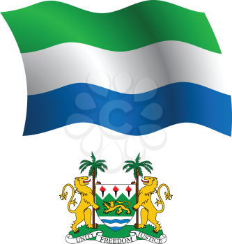 sierra leone wavy flag and coat of arm against white background, vector art illustration, image contains transparency
