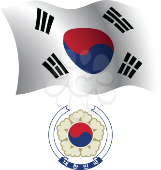south korea wavy flag and coat of arm against white background, vector art illustration, image contains transparency