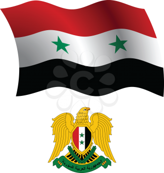 syria wavy flag and coat of arm against white background, vector art illustration, image contains transparency