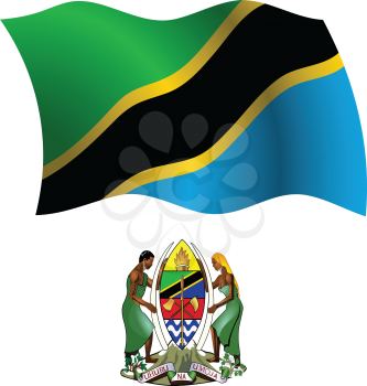 tanzania wavy flag and coat of arm against white background, vector art illustration, image contains transparency