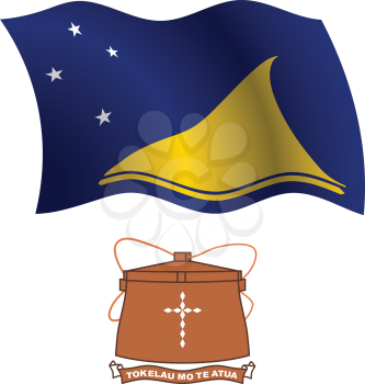tokelau wavy flag and coat of arm against white background, vector art illustration, image contains transparency