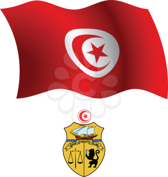 tunisia wavy flag and coat of arms, abstract vector art illustration, image contains transparency