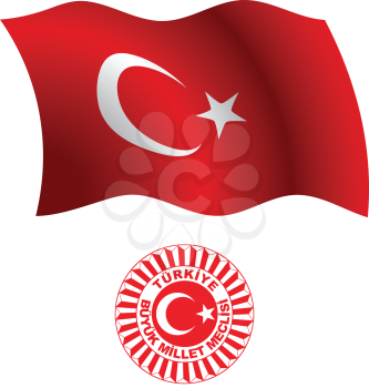 turkey wavy flag and coat of arm against white background, vector art illustration, image contains transparency