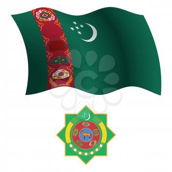 turkmenistan wavy flag and coat of arm against white background, vector art illustration, image contains transparency