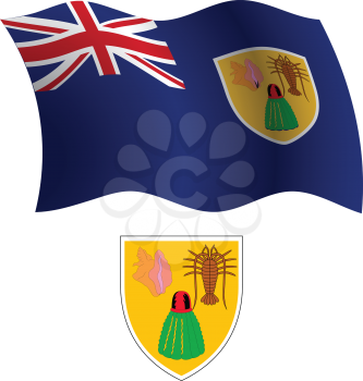 turks and caicos islands wavy flag and coat of arm against white background, vector art illustration, image contains transparency