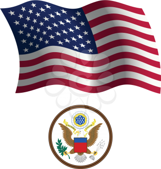 united states wavy flag and coat of arms against white background, vector art illustration, image contains transparency