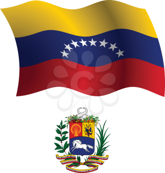 venezuela wavy flag and coat of arm against white background, vector art illustration, image contains transparency