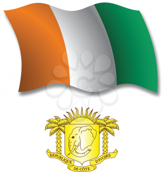 cote d'ivoire shadowed textured wavy flag and coat of arms against white background, vector art illustration, image contains transparency transparency