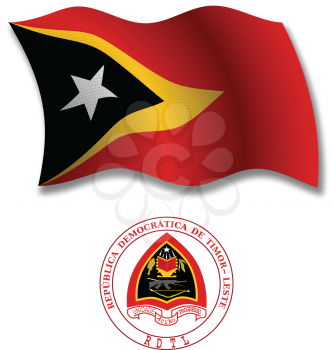 east timor shadowed textured wavy flag and coat of arms against white background, vector art illustration, image contains transparency transparency