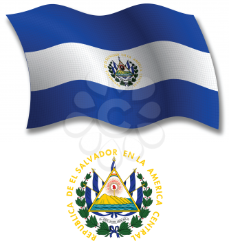 el salvador shadowed textured wavy flag and coat of arms against white background, vector art illustration, image contains transparency transparency