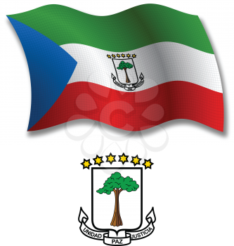 equatorial guinea shadowed textured wavy flag and coat of arms against white background, vector art illustration, image contains transparency transparency