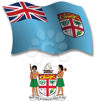 fiji shadowed textured wavy flag and coat of arms against white background, vector art illustration, image contains transparency transparency