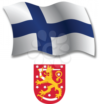 finland shadowed textured wavy flag and coat of arms against white background, vector art illustration, image contains transparency transparency