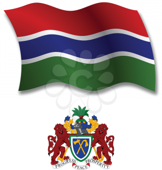 gambia shadowed textured wavy flag and coat of arms against white background, vector art illustration, image contains transparency transparency