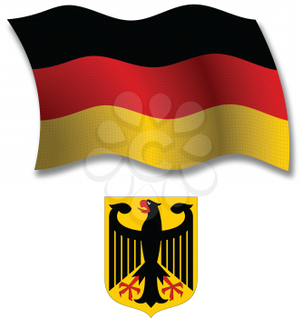 germany shadowed textured wavy flag and coat of arms against white background, vector art illustration, image contains transparency transparency