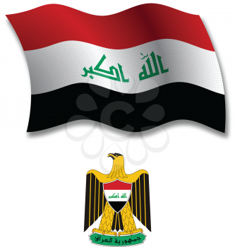 iraq shadowed textured wavy flag and coat of arms against white background, vector art illustration, image contains transparency transparency