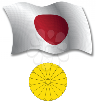 japan shadowed textured wavy flag and coat of arms against white background, vector art illustration, image contains transparency transparency