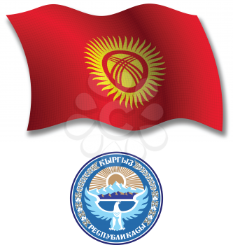 kyrgyzstan shadowed textured wavy flag and coat of arms against white background, vector art illustration, image contains transparency transparency
