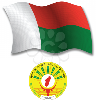 madagascar shadowed textured wavy flag and coat of arms against white background, vector art illustration, image contains transparency transparency