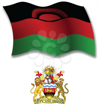 malawi shadowed textured wavy flag and coat of arms against white background, vector art illustration, image contains transparency transparency