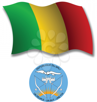 mali shadowed textured wavy flag and coat of arms against white background, vector art illustration, image contains transparency transparency