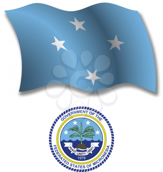 micronesia shadowed textured wavy flag and coat of arms against white background, vector art illustration, image contains transparency transparency
