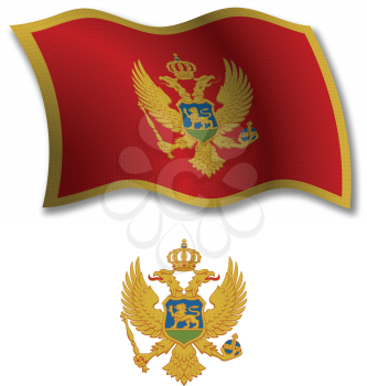 montenegro shadowed textured wavy flag and coat of arms against white background, vector art illustration, image contains transparency transparency
