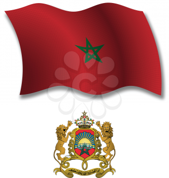 morocco shadowed textured wavy flag and coat of arms against white background, vector art illustration, image contains transparency transparency