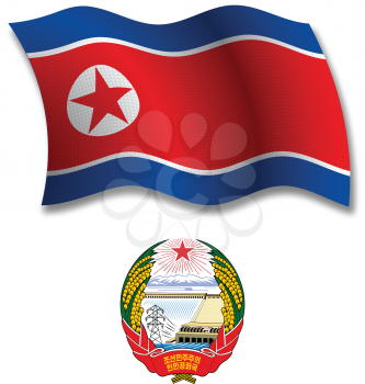 north korea shadowed textured wavy flag and coat of arms against white background, vector art illustration, image contains transparency transparency