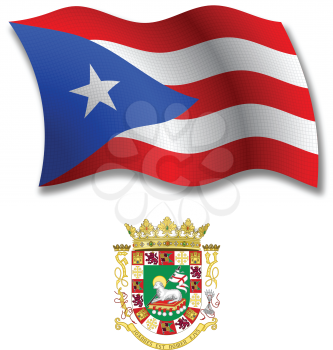 puerto rico shadowed textured wavy flag and coat of arms against white background, vector art illustration, image contains transparency transparency