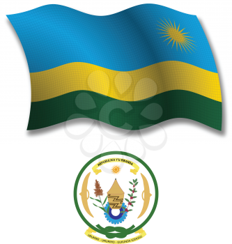 rwanda shadowed textured wavy flag and coat of arms against white background, vector art illustration, image contains transparency transparency