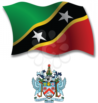 saint kitts and nevis shadowed textured wavy flag and coat of arms against white background, vector art illustration, image contains transparency transparency