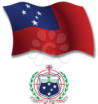 samoa shadowed textured wavy flag and coat of arms against white background, vector art illustration, image contains transparency transparency