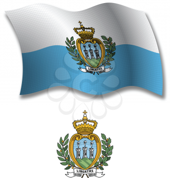 san marino shadowed textured wavy flag and coat of arms against white background, vector art illustration, image contains transparency transparency