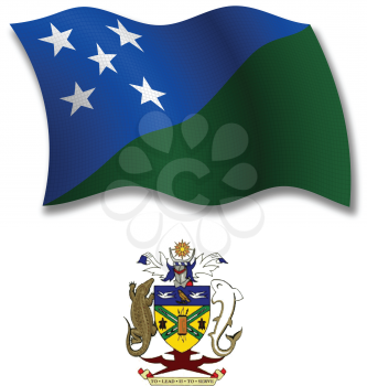 solomon islands shadowed textured wavy flag and coat of arms against white background, vector art illustration, image contains transparency transparency