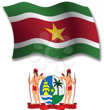 suriname shadowed textured wavy flag and coat of arms against white background, vector art illustration, image contains transparency transparency