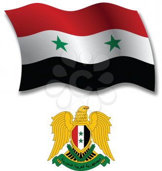 syria shadowed textured wavy flag and coat of arms against white background, vector art illustration, image contains transparency transparency