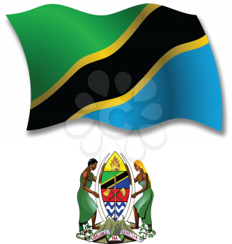 tanzania shadowed textured wavy flag and coat of arms against white background, vector art illustration, image contains transparency transparency