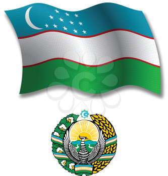 uzbekistan shadowed textured wavy flag and coat of arms against white background, vector art illustration, image contains transparency transparency