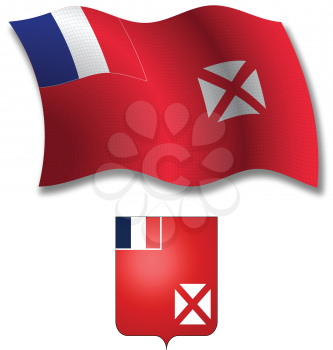 wallis and futuna shadowed textured wavy flag and coat of arms against white background, vector art illustration, image contains transparency transparency