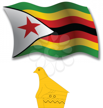 zimbabwe shadowed textured wavy flag and coat of arms against white background, vector art illustration, image contains transparency transparency