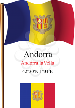 andorra wavy flag and coordinates against white background, vector art illustration, image contains transparency