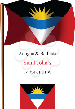 antigua and barbuda wavy flag and coordinates against white background, vector art illustration, image contains transparency