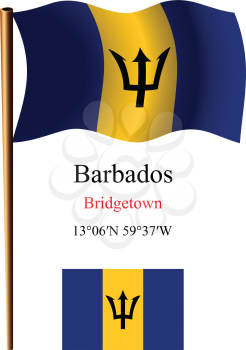 barbados wavy flag and coordinates against white background, vector art illustration, image contains transparency