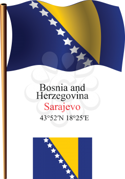 bosnia and herzegovina wavy flag and coordinates against white background, vector art illustration, image contains transparency