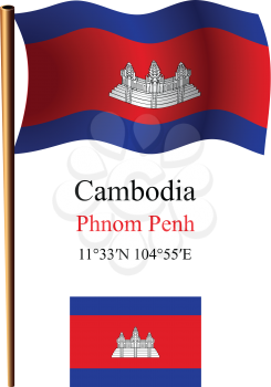 cambodia wavy flag and coordinates against white background, vector art illustration, image contains transparency