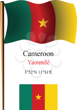 cameroon wavy flag and coordinates against white background, vector art illustration, image contains transparency