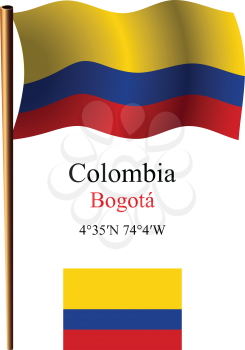 colombia wavy flag and coordinates against white background, vector art illustration, image contains transparency