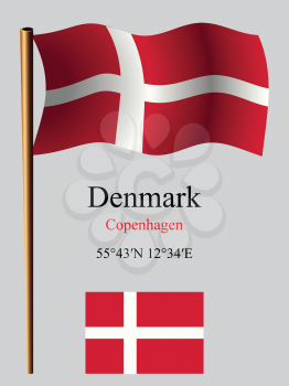 denmark wavy flag and coordinates against gray background, vector art illustration, image contains transparency